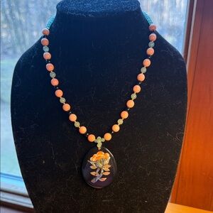 Lee Sands Pink and Aqua Floral Pendant Necklace